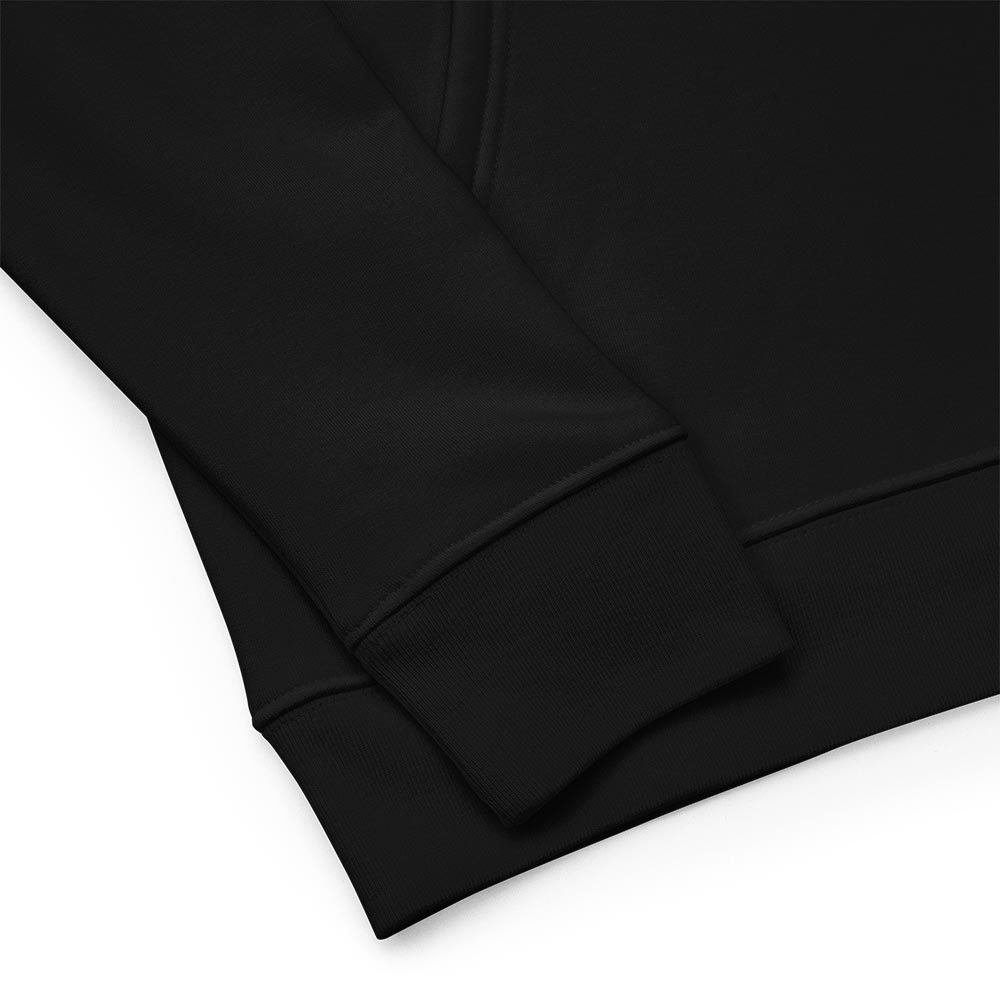 All-Black Minimalist Hoodie "Pax et Justitia". Close-up of a sleeve and a hemline.