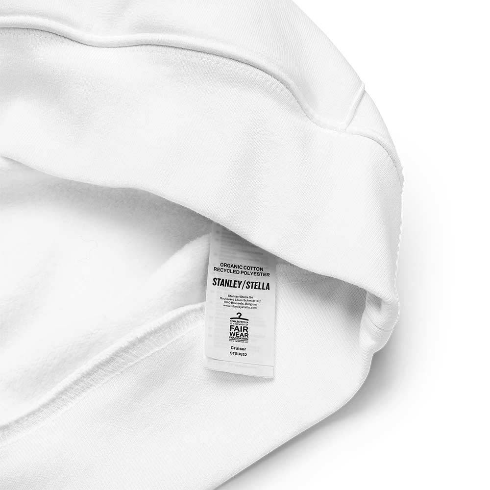 White Minimalist Hoodie "Pax et Justitia". Close-up of a label with eco-certifications.