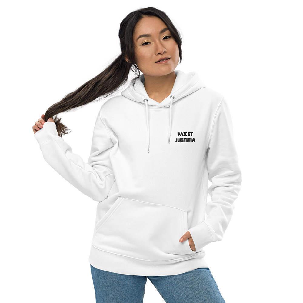 White Minimalist Hoodie "Pax et Justitia". Front view of the hoodie on a female model.