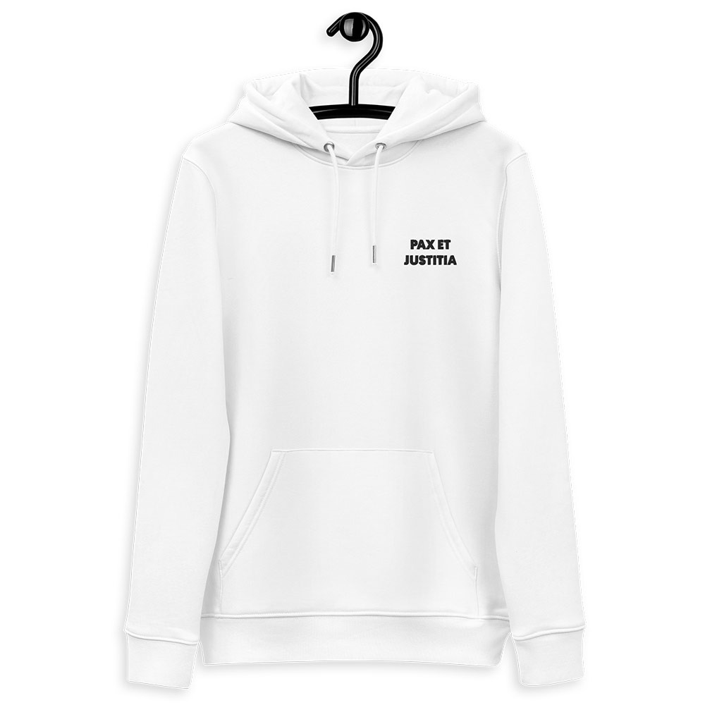 White Minimalist Hoodie "Pax et Justitia". Flat front view of the hoodie.