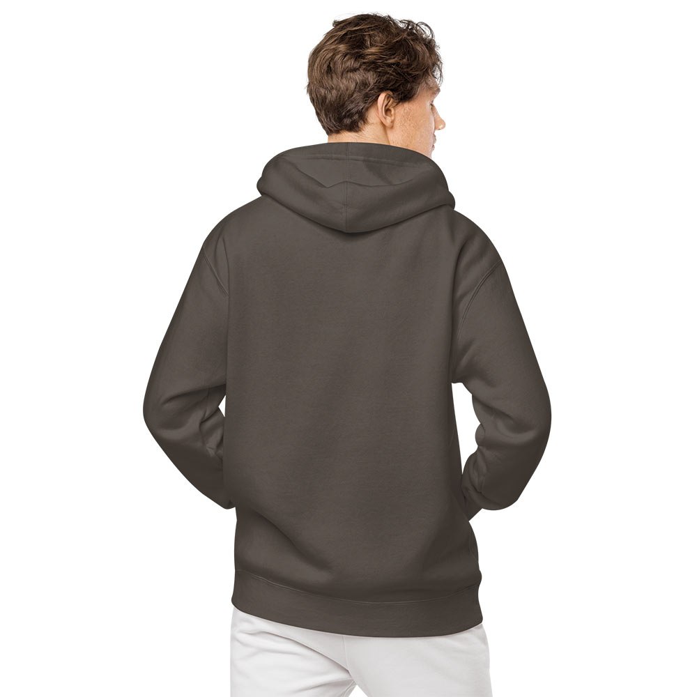 Unisex Vintage Wash Hoodie in Carbon Grey "Pacem in Terris". Back view of the hoodie on a male model.