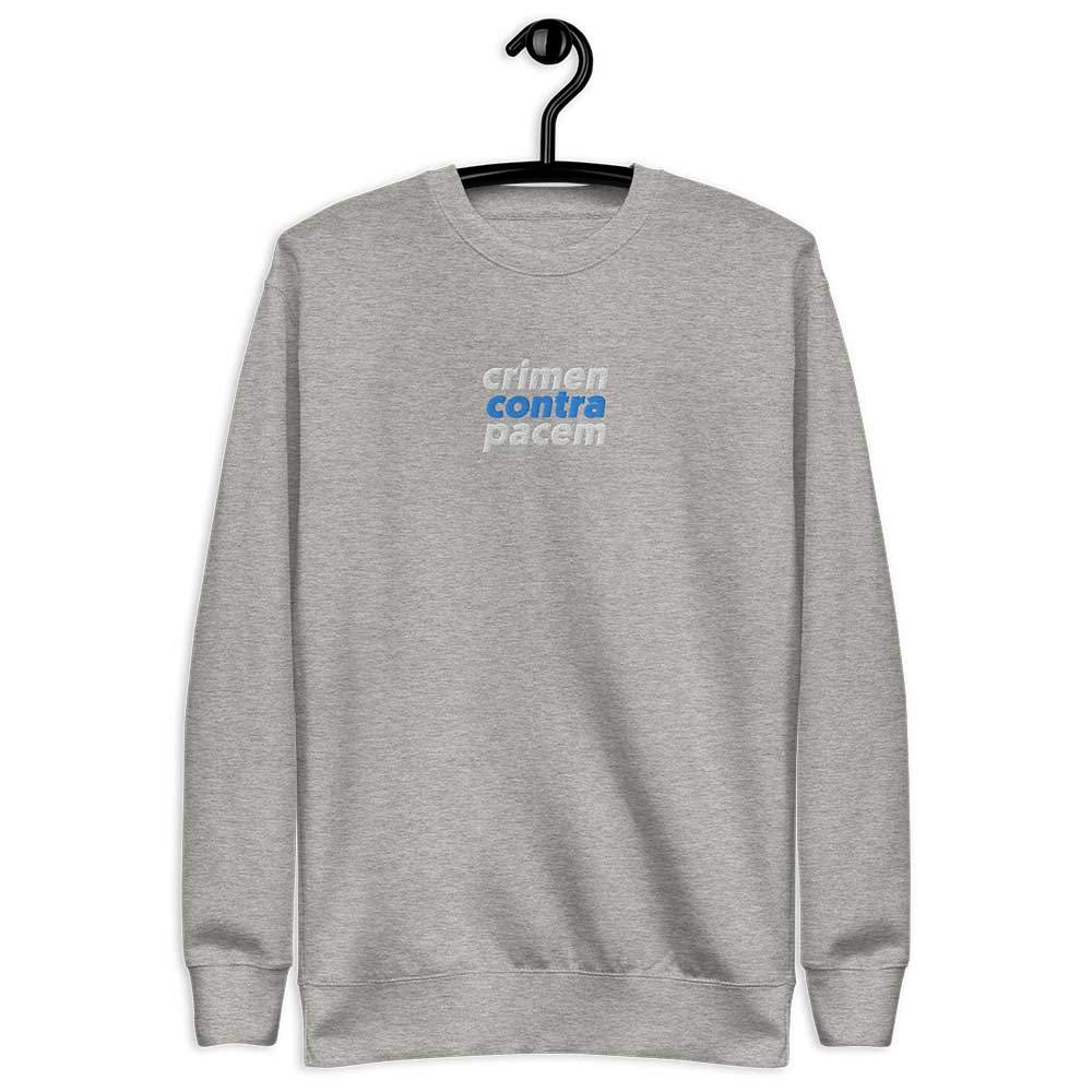 Light Grey Sweatshirt for International Justice. Front view of the sweatshirt on a hanger.