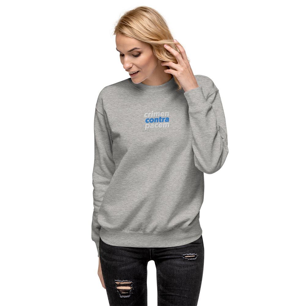 Light Grey Sweatshirt for International Justice. Front view of the sweatshirt on a female model.