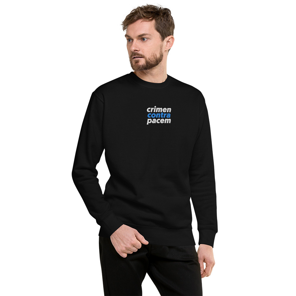 Black Sweatshirt "Crimen Contra Pacem". Front view of the sweatshirt on a male model.