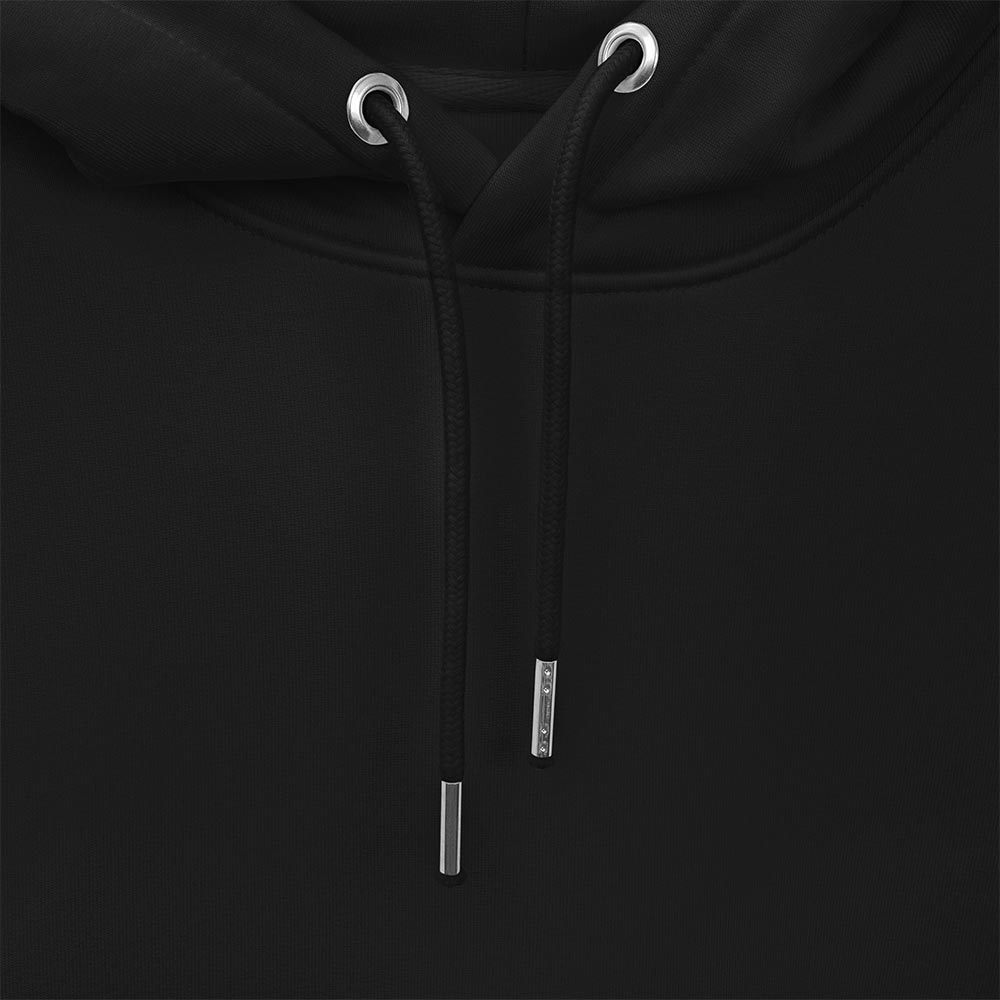 All-Black Minimalist Hoodie "Pax et Justitia". All-Black Minimalist Hoodie "Pax et Justitia." Close-up of drawstring eyelets and ends in silver.